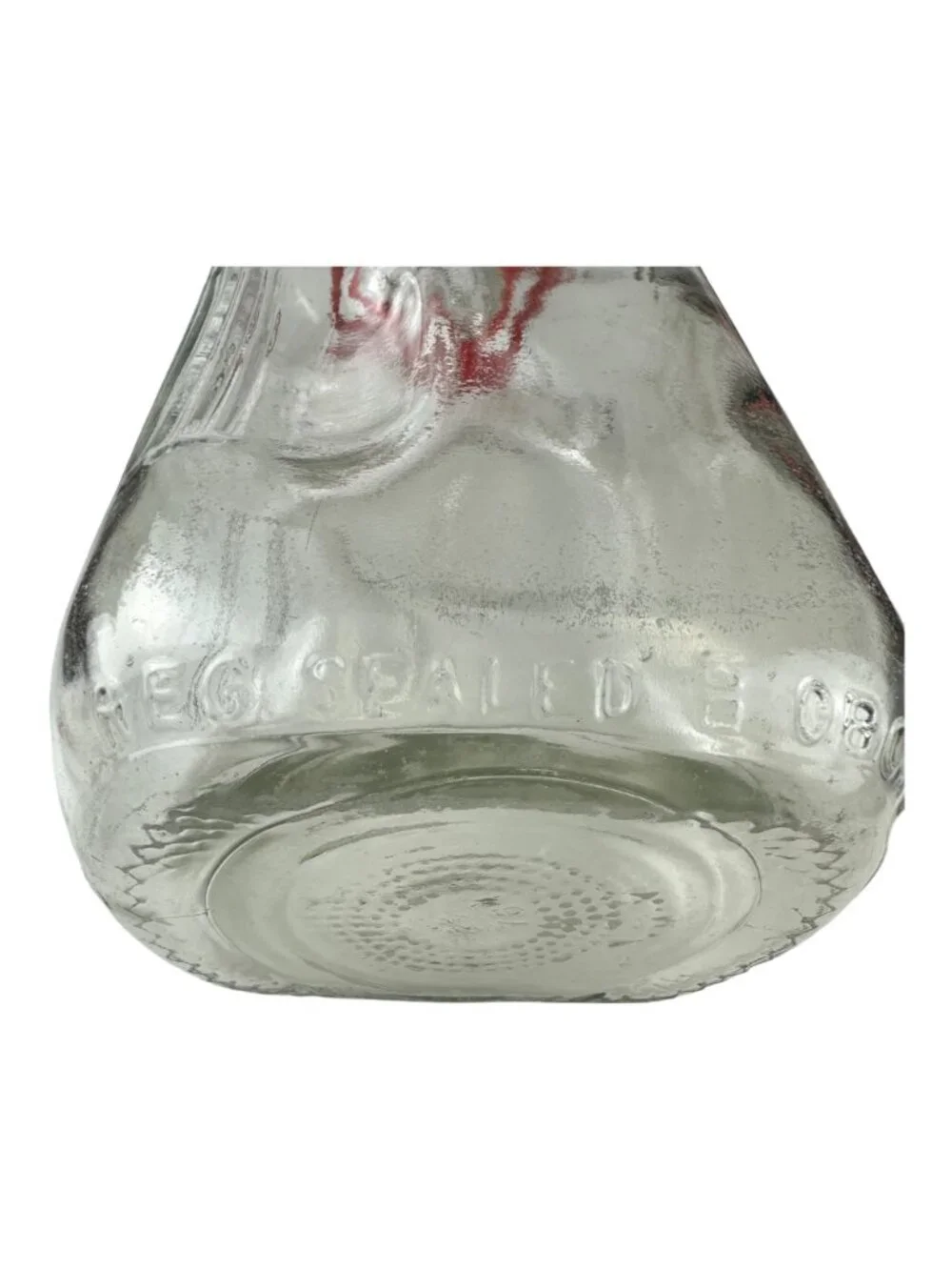Vintage Glass Milk Bottle With Red Handle - Embossed Script Design - 10 Inches T